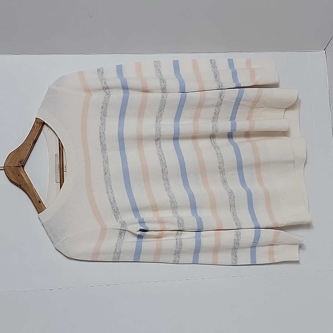 Loft Petites Women's White Pink Blue Gray Striped Long Sleeve Sweater, Sp